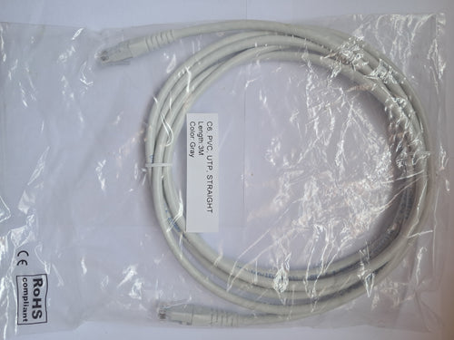 Grey 3m CAT6 UTP straight-through network cable in labelled packaging