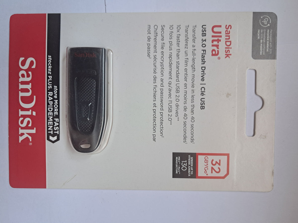 Black SanDisk Ultra 32GB USB 3.0 flash drive in retail packaging
