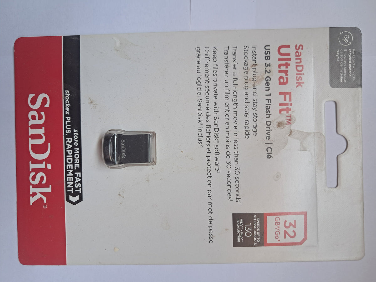 Black SanDisk Ultra Fit 32GB USB 3.2 Gen 1 flash drive in retail packaging