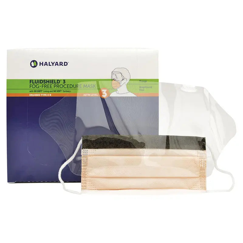 Halyard FLUIDSHIELD 3 box and orange procedure mask with attached clear visor