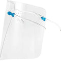 Clear protective face shield attached to a spectacle-style frame with blue clips