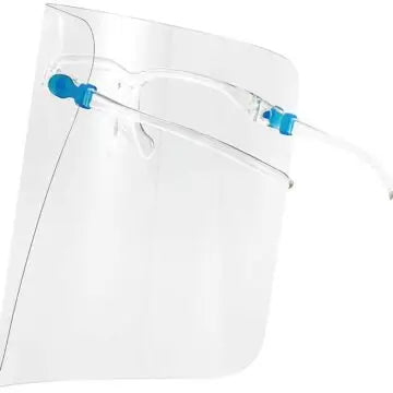 Clear protective face shield attached to a spectacle-style frame with blue clips