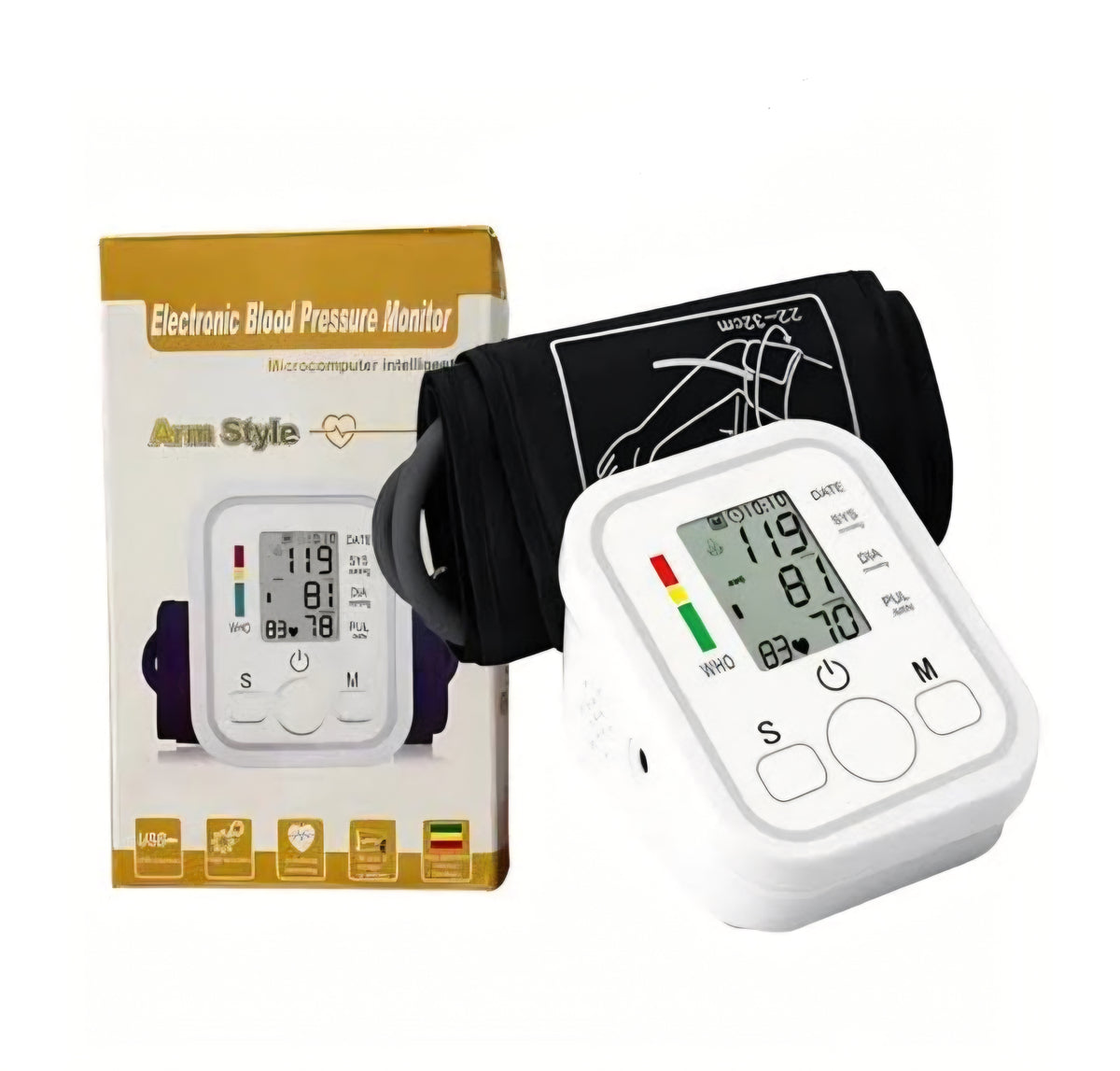 Arm-style digital blood pressure monitor with cuff and box