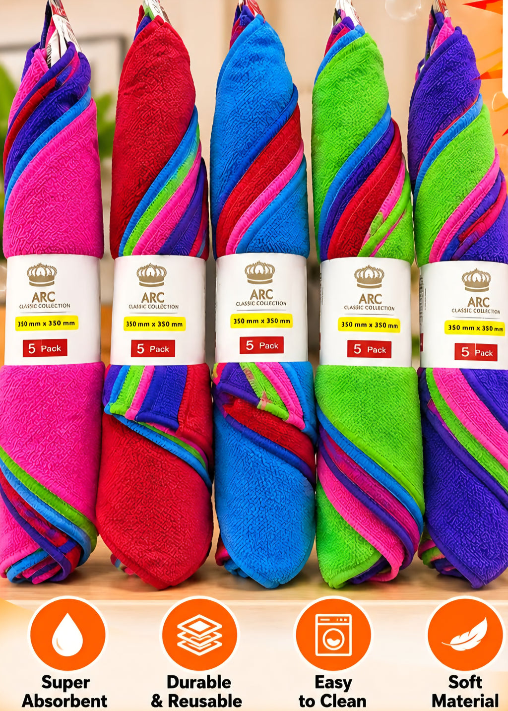 ARC Classic Collection assorted-colour microfibre cloths labelled 350mm by 350mm and five-pack
