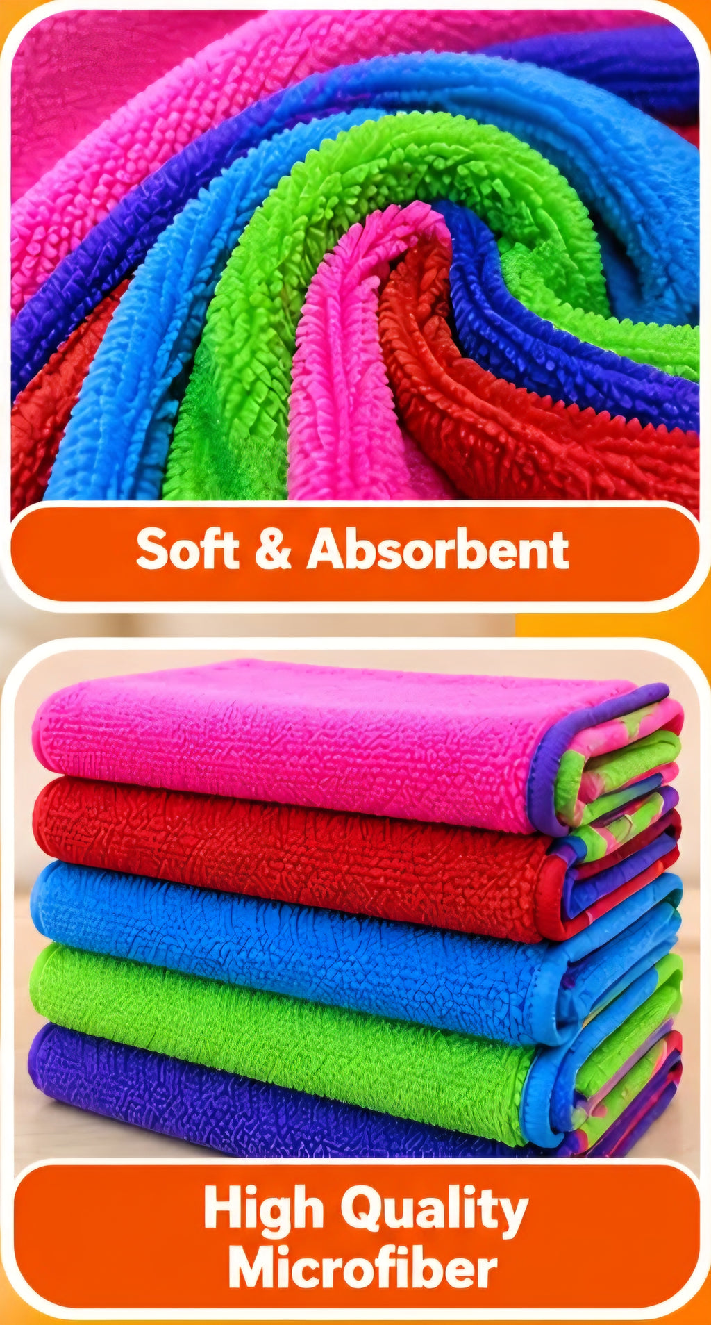 Five colourful microfibre cleaning cloths with close-up of the fabric