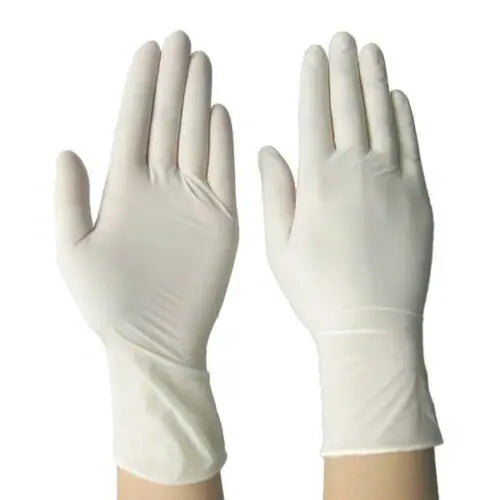 White latex examination gloves worn on two hands