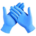 Blue nitrile examination gloves worn on two hands