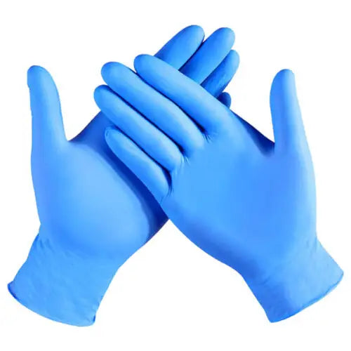 Blue nitrile examination gloves worn on two hands