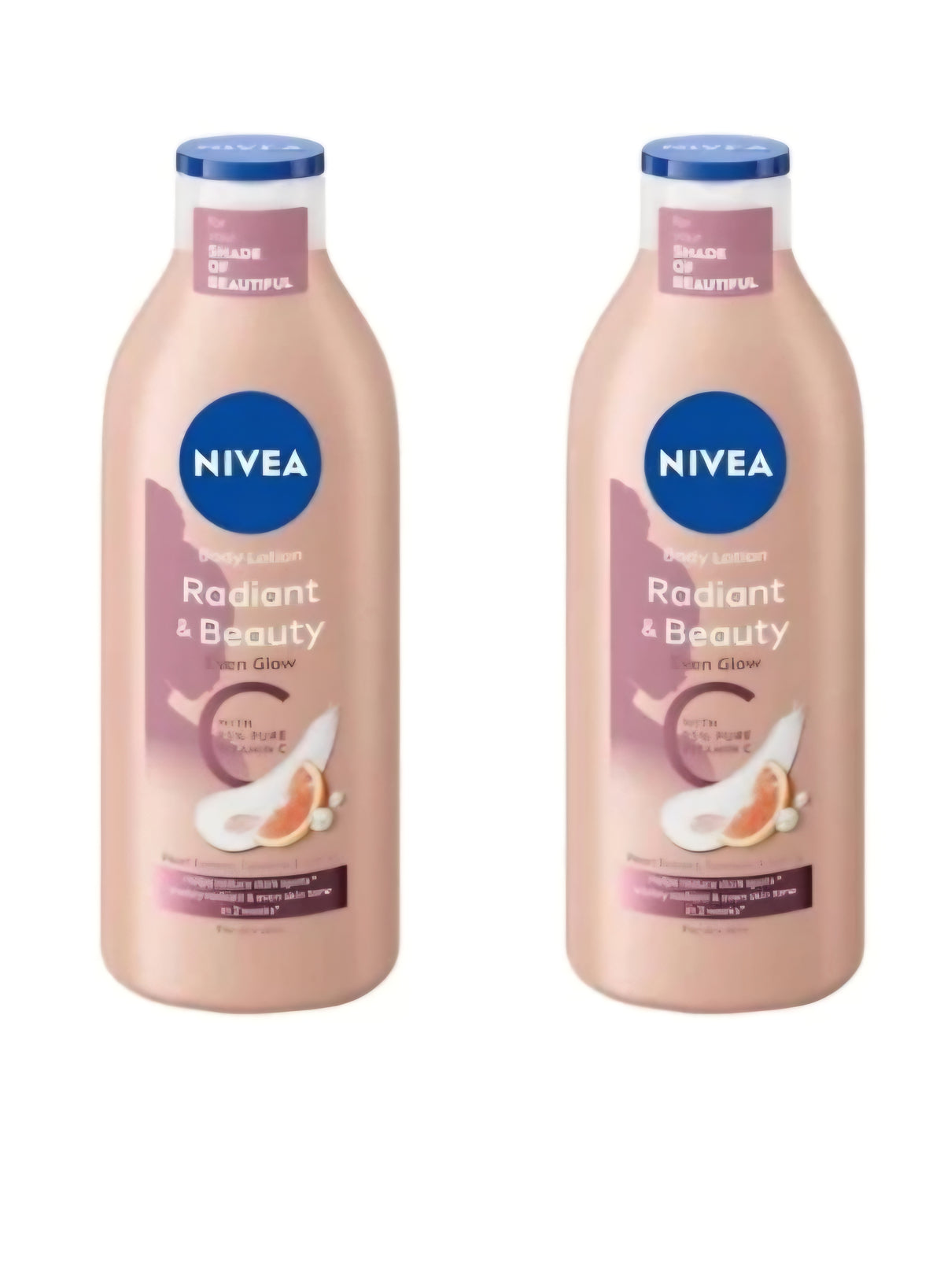Two Nivea Radiant and Beauty Even Glow body lotion bottles