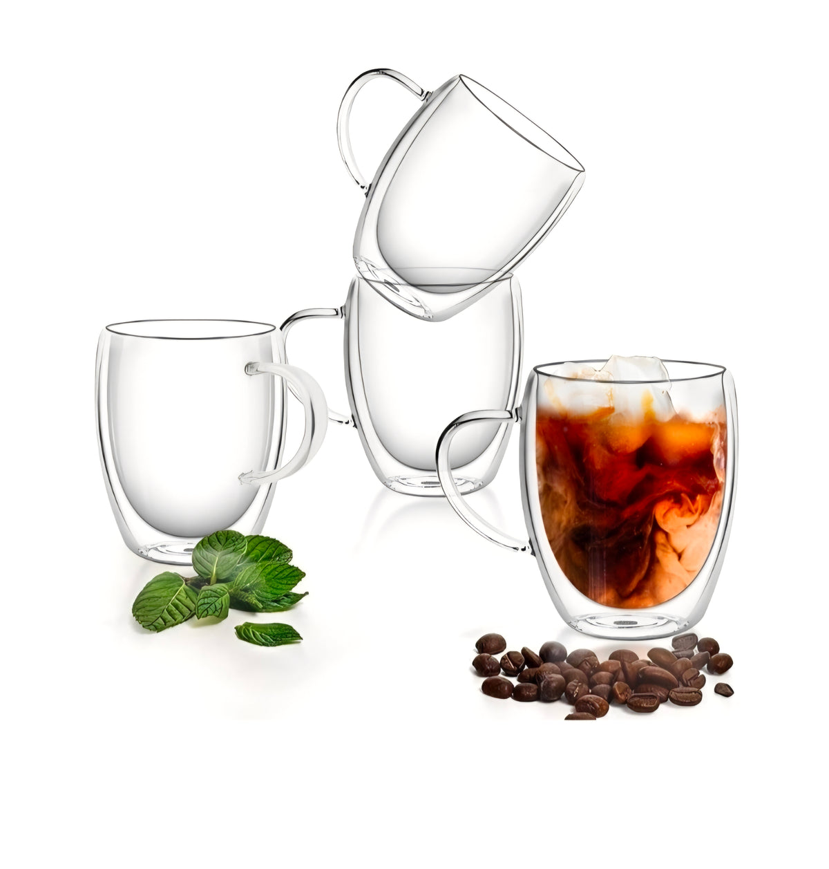 Four clear double-wall glass mugs with handles