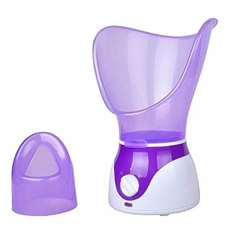 Purple and white facial steamer with full-face attachment