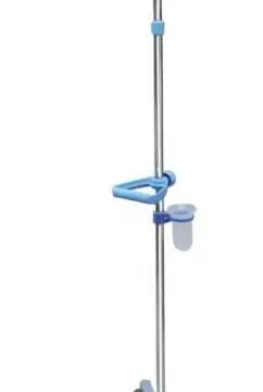 Drip stand pole with blue adjustment fittings and accessory holder